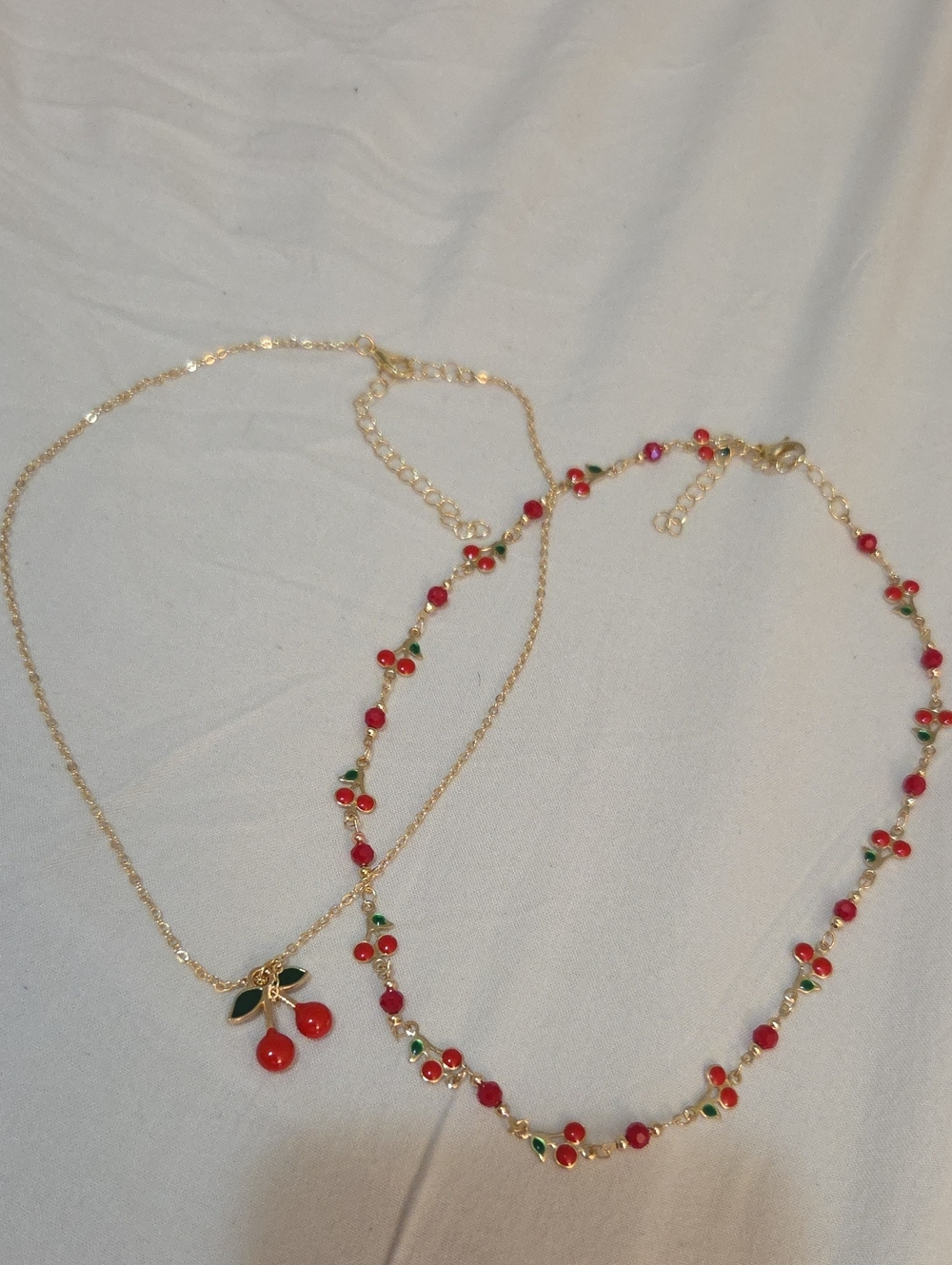 2 Piece Set Cherry Pendant Necklaces with Red Beads - Women Jewelry 14 And 16in